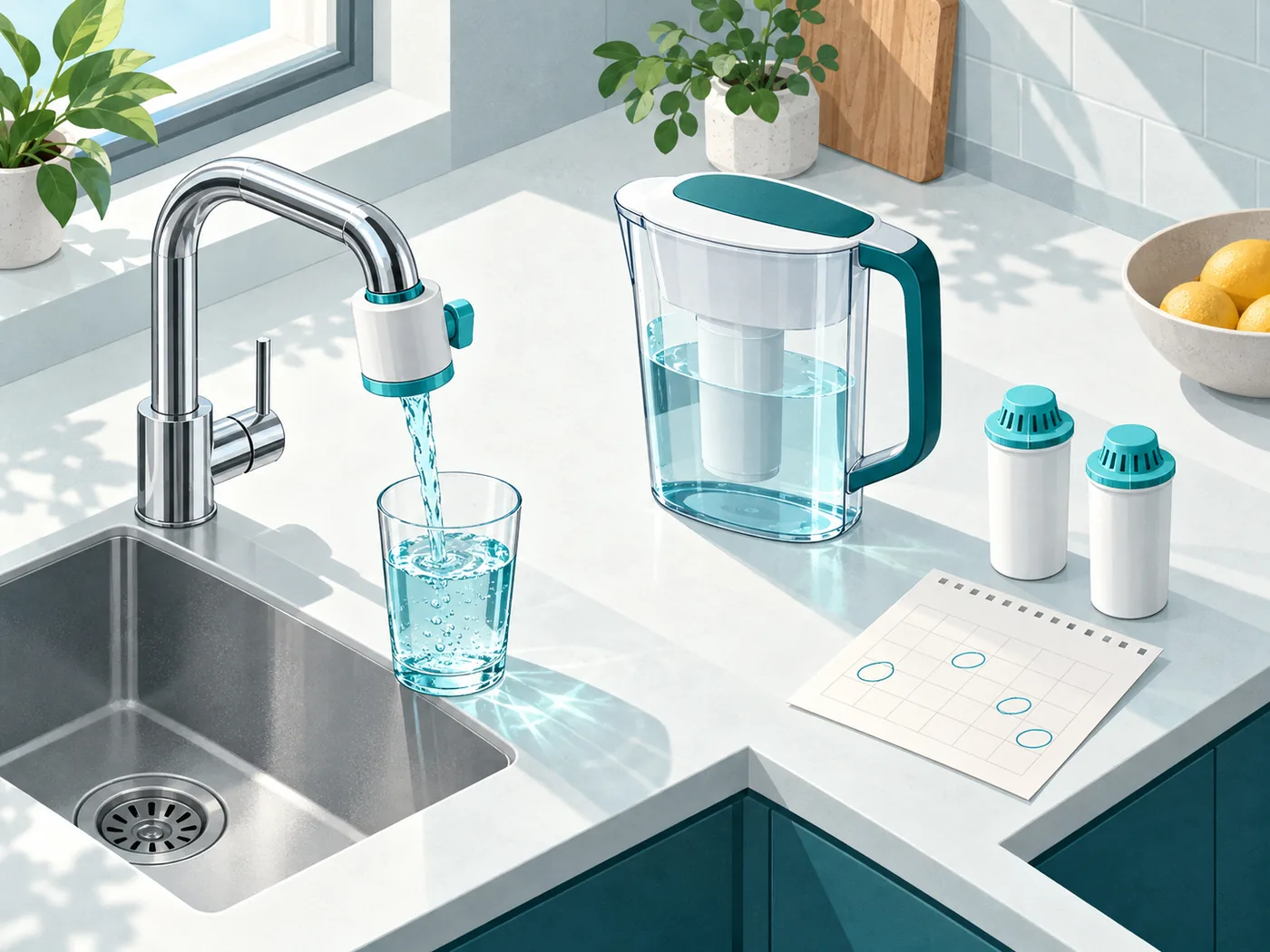キッチンの蛇口に付けた浄水器と、浄水ポット・交換用カートリッジ
